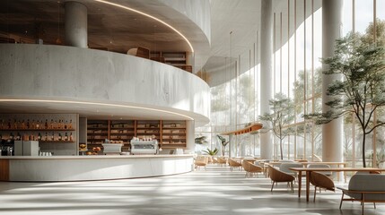 Obraz premium Indoor cafe lounge space with circular light gray concrete elements, featuring a light gray concrete coffee bar, gray chairs, wooden tables, floor-to-ceiling windows. Generative AI.