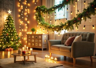 Obraz premium Cozy living room with twinkling fairy lights, festive garland, and a countdown calendar displaying 21 days until the merry holiday season begins.