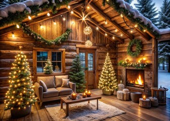 Fototapeta premium Cozy rustic cabin interior adorned with festive holiday decorations, twinkling string lights, and lush evergreen branches, evoking a warm and inviting winter wonderland atmosphere.