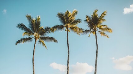 Three palm trees sway gently in the breeze against a bright blue sky.