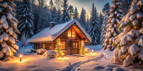 Fototapeta premium Cozy snow-covered cabin surrounded by frozen forest, twinkling lights, and festive decorations, emits warm glow, inviting winter wonderland ambiance, perfect for a serene holiday retreat.