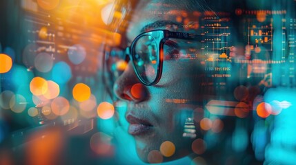 Fototapeta premium Closeup view of a cyborg or technologically enhanced individual wearing advanced digital glasses or headset with a futuristic interface and neon lights in a blurred