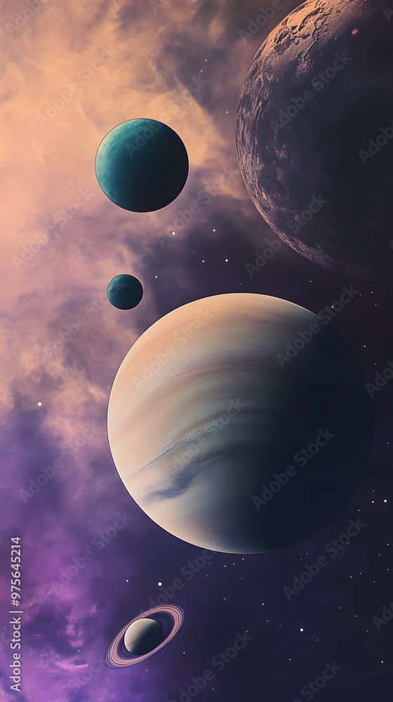 Poster a vibrant image of a planetary system, with planets of different sizes and colors.