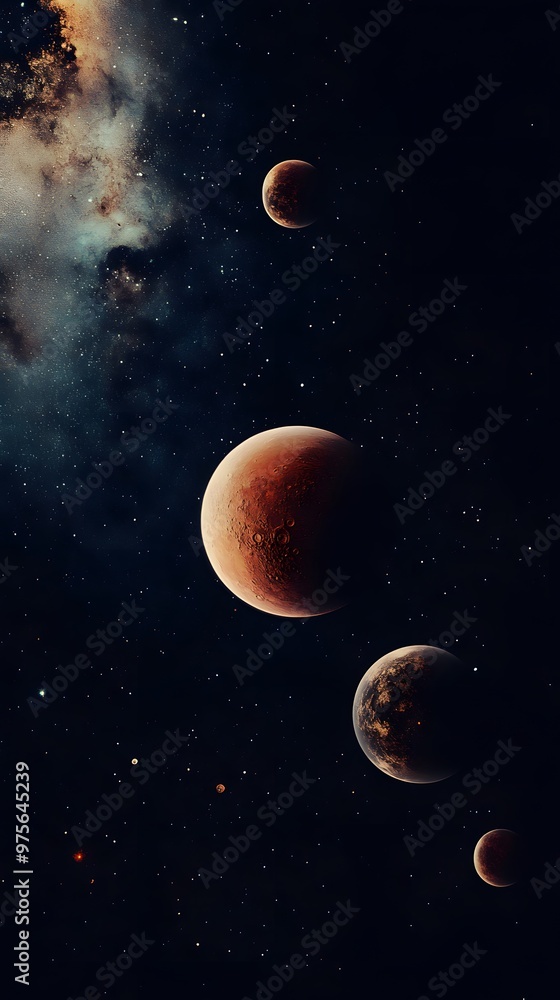 Poster A cosmic landscape with four planets and a nebula in the distance.