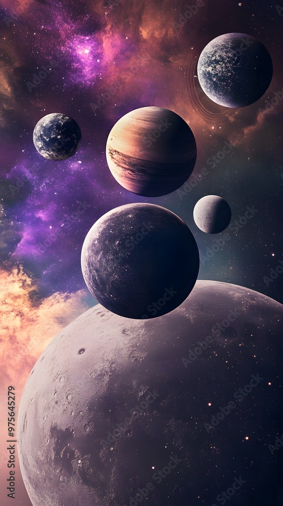 Poster a cosmic scene with multiple planets and a swirling nebula in the background.