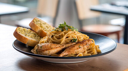 A delicious plate of chicken spaghetti aglio e olio garnished with basil, presented in a soft, elegant restaurant setting. 