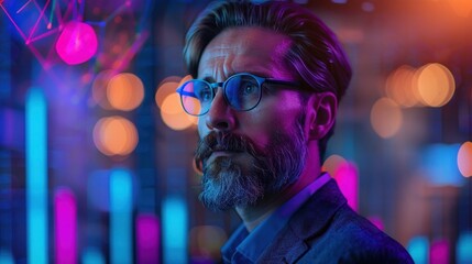 Fototapeta premium Close up Portrait of a Bearded Man Wearing Glasses Surrounded by Vibrant Neon Lighting that Creates a Atmosphere He has a Pensive Thoughtful Expression Conveying a Sense of Creative Sophistication