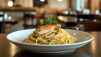 A delicious plate of chicken spaghetti aglio e olio garnished with basil, presented in a soft, elegant restaurant setting. 