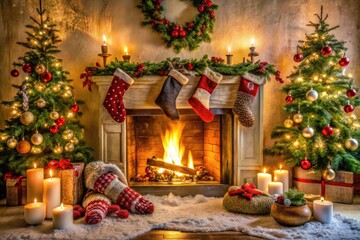 Cozy winter wonderland scene featuring a crackling fire, festive holiday decorations, and ornate stockings hung by the chimney with care on a snowy mantel.