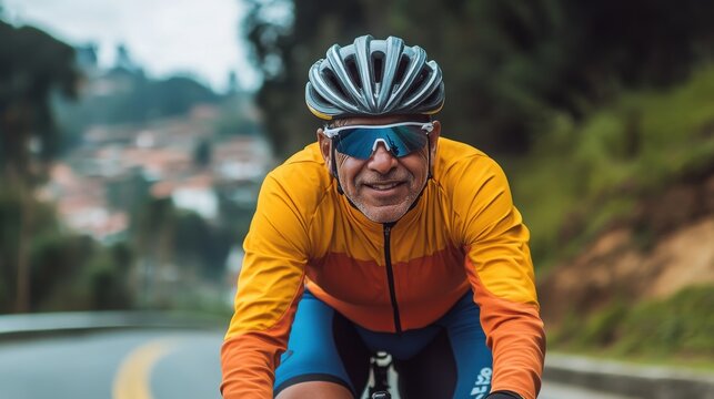 Latino man of average age of 45 years dressed in cycling clothing, helmet and goggles is riding his professional bicycle cycling on the roads of the towns outside of Bogota