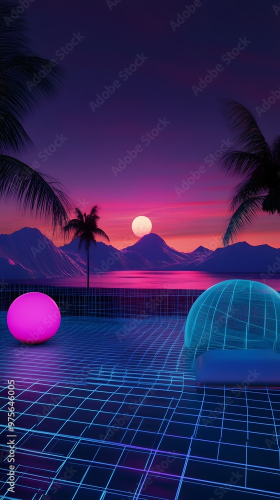 Poster a retro-futuristic scene with a grid pattern and glowing spheres.
