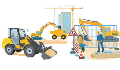 Hochbau und Tiefbau mit Bauhandwerkern,  illustration..eps