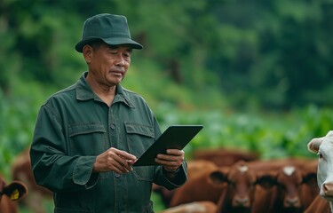 Obraz premium A worker on a livestock farm, dressed in uniform, is an Asian farmer using a digital tablet.