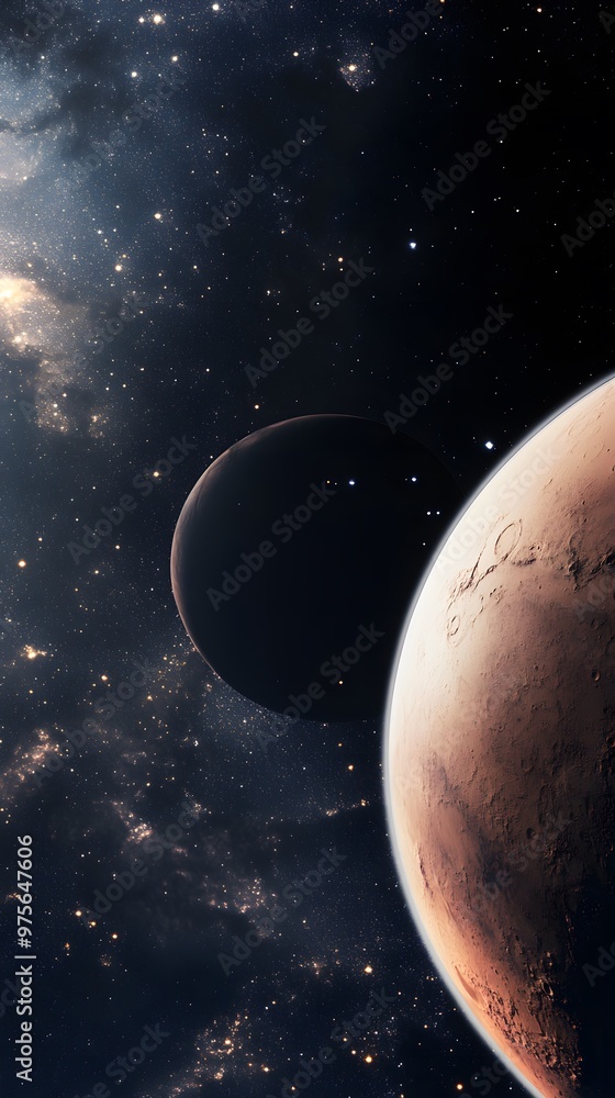 Poster a view of space with a red planet and a dark moon in the background.