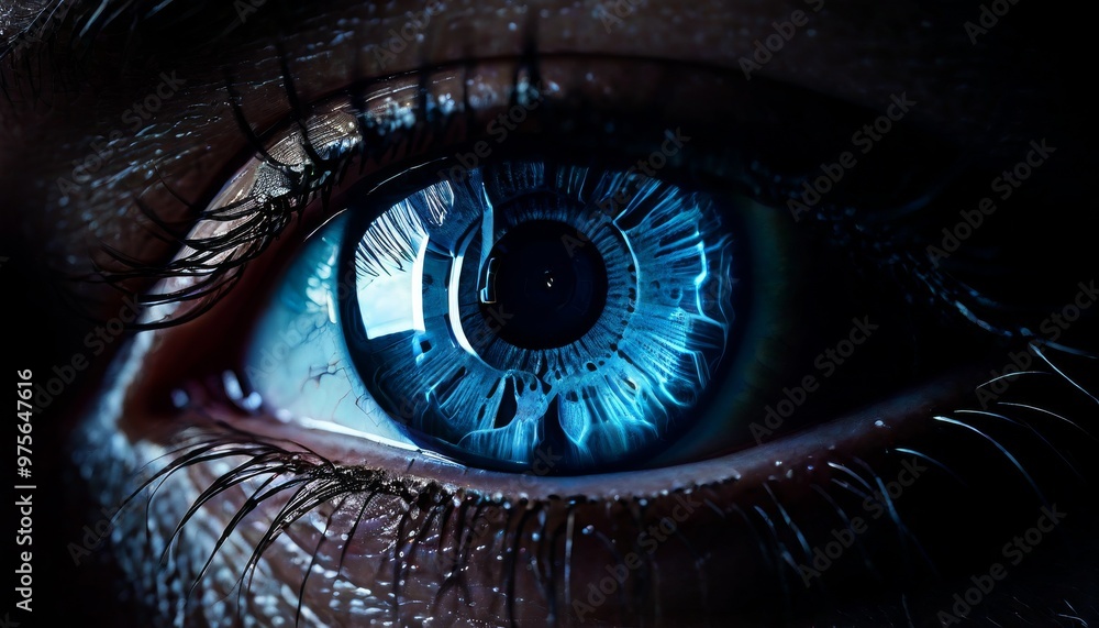 Poster a detailed close-up image of a blue human eye, capturing the intricate patterns and vibrant color of