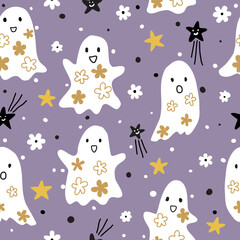 Halloween seamless pattern with ghosts, flowers, stars and dots on a purple background, perfect for kids clothes, prints and wallpapers.