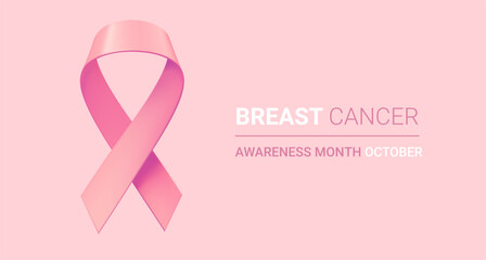 Vector illustration of breast cancer pink realistic ribbon with loop. Symbol of breast cancer awareness. Template design with shine ribbon and word for awareness month campaign banner