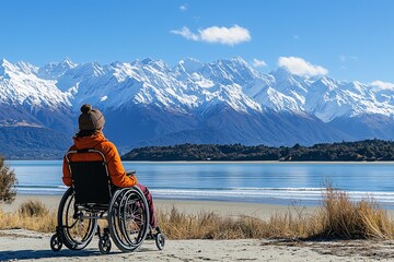 Fototapeta premium Woman sitting in wheelchair, looking at the beautiful scenery of mountains with snow-capped peaks, the concept of a full life for people with low mobility and disabilities, support and traveling