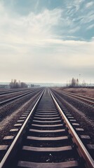 Fototapeta premium Train tracks disappearing into the horizon on a cloudy day.