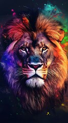 Naklejka premium A majestic lion with a colorful mane, a powerful and inspiring image.
