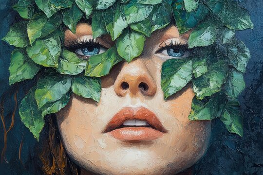Oil painting artistic image of medieval young woman's face with green leaves covering both her eyes and her mouth