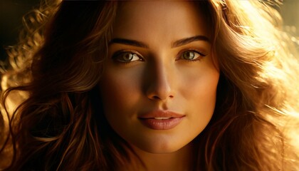 Naklejka premium A close-up portrait of a woman with beautiful flowing hair bathed in golden sunlight. Her captivating gaze and natural beauty are highlighted by the warm, soft lighting, creating an intimate and