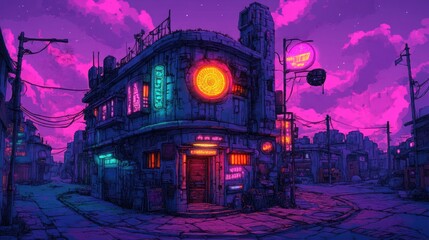 Obraz premium A futuristic tower block with neon accents dominates the skyline, illuminated by city lights and offering a glimpse into cyberpunk urban life.