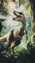 Obraz premium A close-up of a dinosaur in a lush forest.