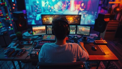 Obraz premium Side view of casual man and producer working on computer and editing video with color correction of documentary or commercial video