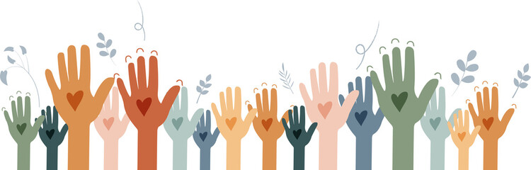 Raised hands. Volunteering, teamwork concert.