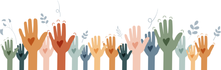 Raised hands. Volunteering, teamwork concert.