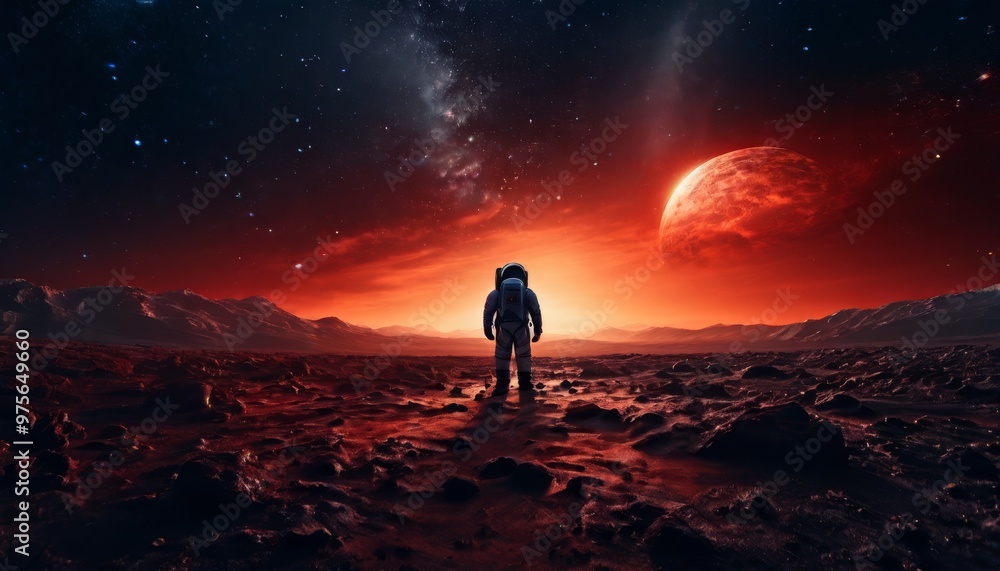 Poster an astronaut stands on the rugged surface of an alien planet under a glowing red sky. the vibrant at
