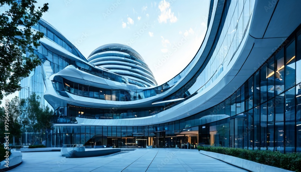 Poster a stunning image of a modern architectural structure with a curved glass facade. the sleek lines and