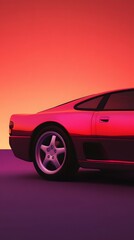 Fototapeta premium Red sports car parked against a pink and orange background.