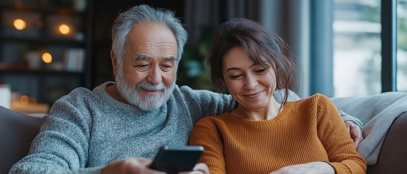Retired parents who are content watch videos on their smartphones at home with their adult daughter.