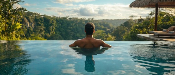 A man relishing the picturesque view from the infinity pool.