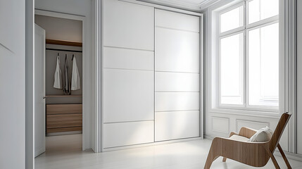 Fototapeta premium White wooden wardrobe in scandinavian style interior design of modern bedroom.&nbsp;