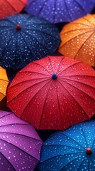 elegant rainbow colors umbrellas with waterdrops, top view, wallpaper design