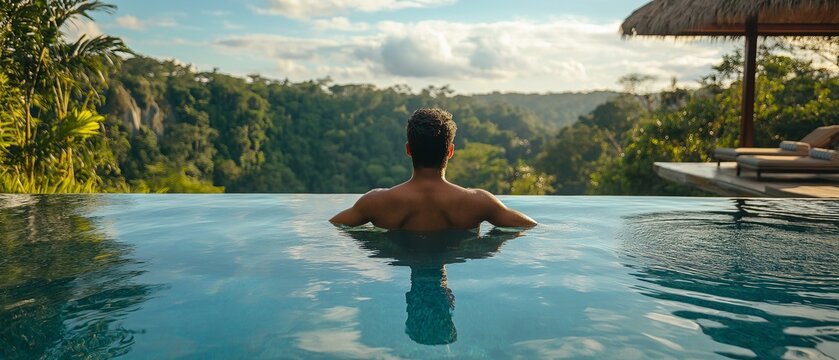 A man relishing the picturesque view from the infinity pool.