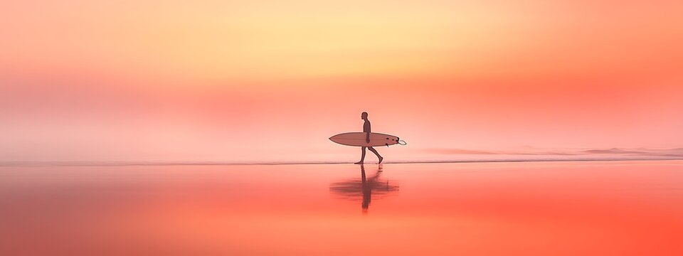 Surfer walking on the beach with their surfboard at sunset, long exposure photography. Background is blurred to emphasize the surfer and the ocean, abstract, minimalist composition - Powered by Adobe
