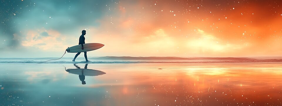 Surfer walking on the beach with their surfboard at sunset, long exposure photography. Background is blurred to emphasize the surfer and the ocean, abstract, minimalist composition