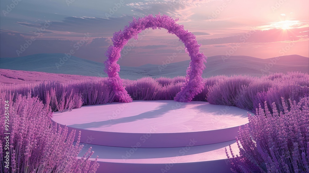 Poster a round stage design, a pink theme, a round platform, the background is a field full of lavender, a 