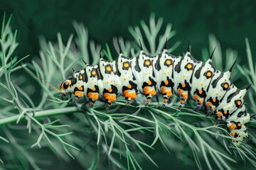 Fototapeta premium A vibrant caterpillar resting on a green plant with delicate leaves, showcasing its unique patterns and colors