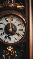 Close-up of a vintage clock face with Roman numerals.