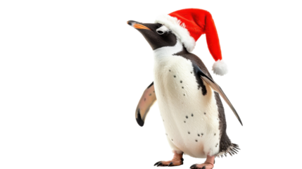 Penguin with Christmas hat on transparent background