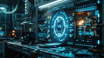Fototapeta premium Cutting Edge Quantum Computing System with Advanced Cryptography and Futuristic Sci Fi Aesthetics Sleek Metallic Laboratory Setting High Tech Visual Retrofuturistic Influence