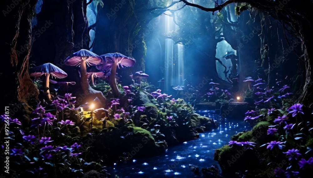 Poster an enchanting forest scene with glowing mushrooms and flowers, illuminated by soft light filtering t