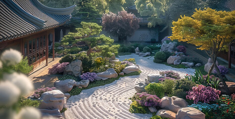 A Chinese garden with trees, flowers and stones. Generative AI.