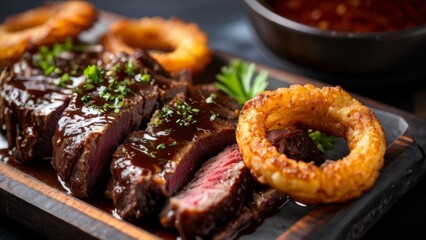 Wagyu pulled beef with Carolina BBQ sauce and onion rings on rustic tray.