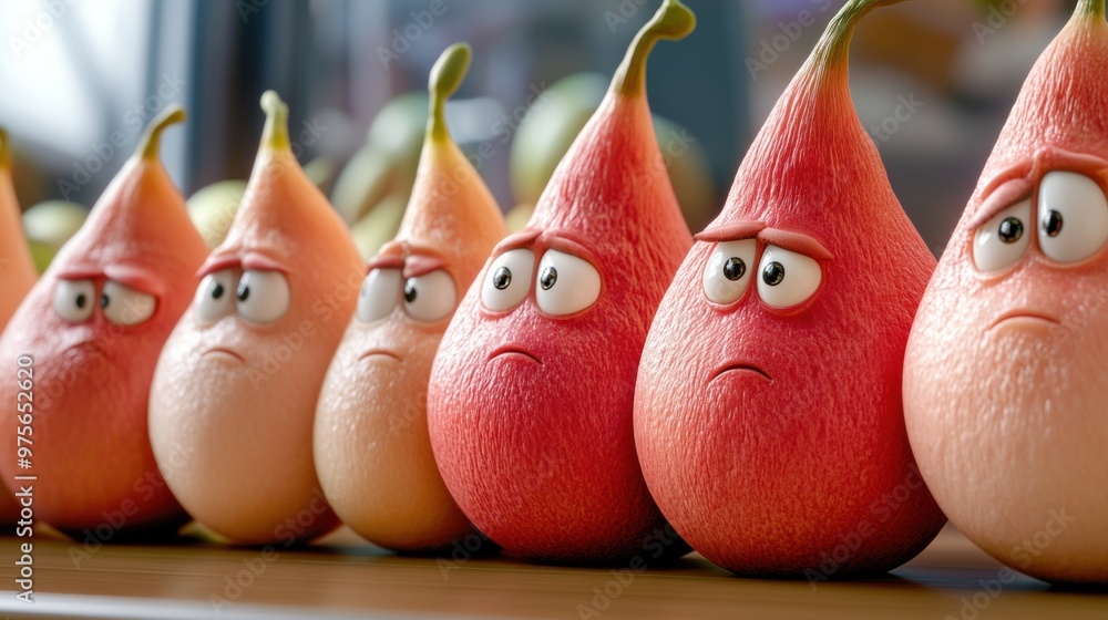 Poster A row of pears with angry faces lined up next to each other, AI